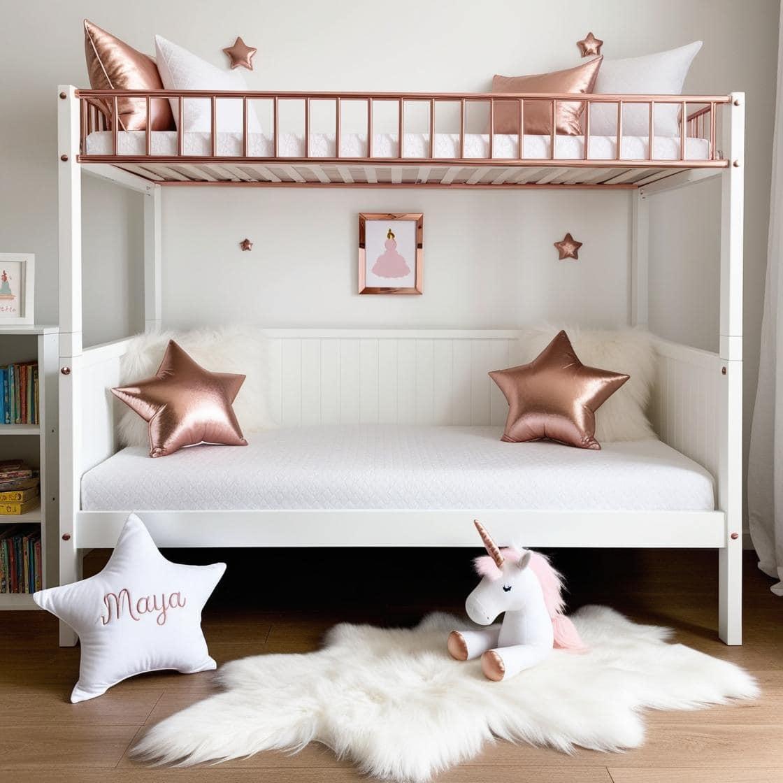 Une chambre de petite fille avec un lit cabane un tapis de fourrure style scandinave coussins en forme d etoiles coussins en forme de lune maya est brode sur un seul coussin couleu