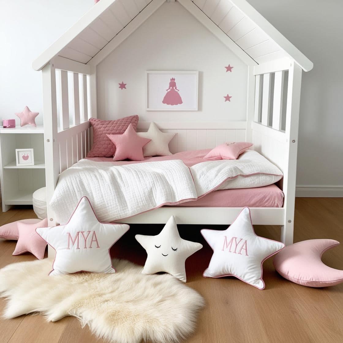 Une chambre de petite fille avec un lit cabane un tapis de fourrure style scandinave coussins en forme d etoiles coussins en forme de lune mya est brode sur un seul coussin couleur