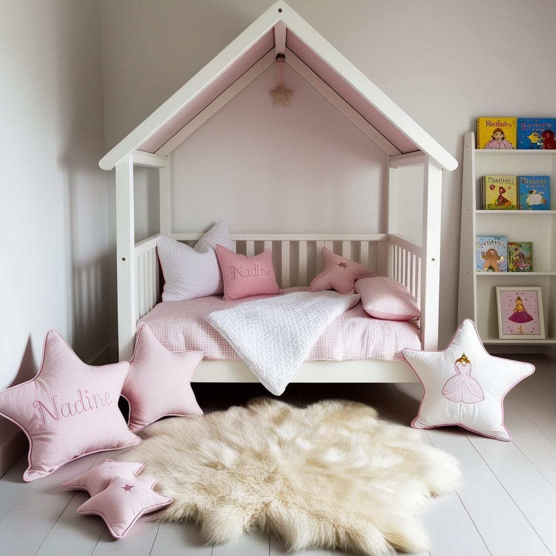 Une chambre de petite fille avec un lit cabane un tapis de fourrure style scandinave coussins en forme d etoiles coussins en forme de lune nadine est brode sur un seul coussin coul