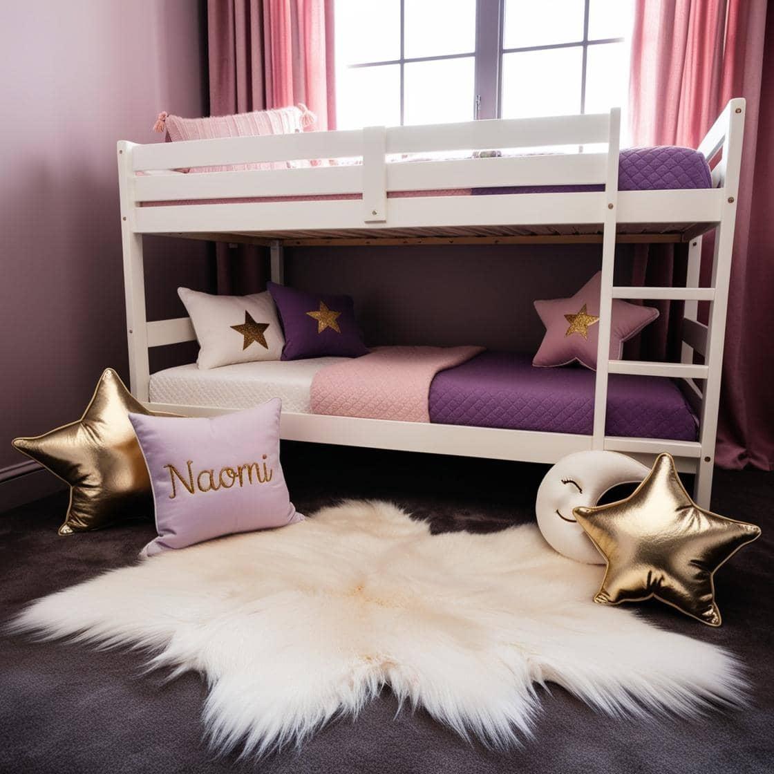 Une chambre de petite fille avec un lit cabane un tapis de fourrure style scandinave coussins en forme d etoiles coussins en forme de lune naomi est brode sur un coussin couleurs r