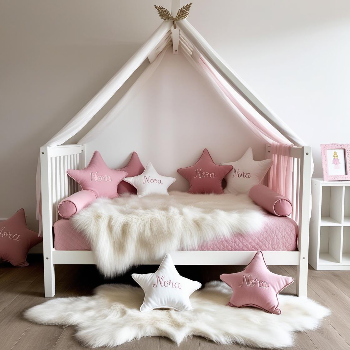 Une chambre de petite fille avec un lit cabane un tapis de fourrure style scandinave coussins en forme d etoiles coussins en forme de lune nora est brode sur un seul coussin couleu