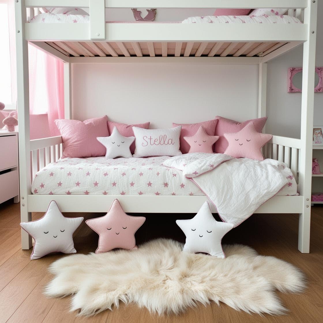 Une chambre de petite fille avec un lit cabane un tapis de fourrure style scandinave coussins en forme d etoiles coussins en forme de lune stella est brode sur un seul coussin coul
