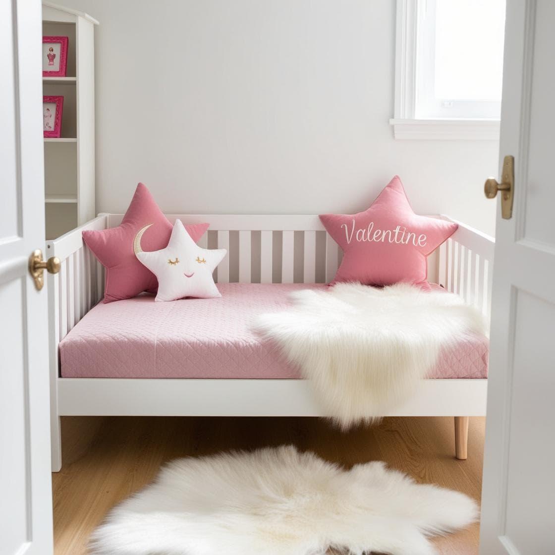 Une chambre de petite fille avec un lit cabane un tapis de fourrure style scandinave coussins en forme d etoiles coussins en forme de lune valentine est brode sur un seul coussin c