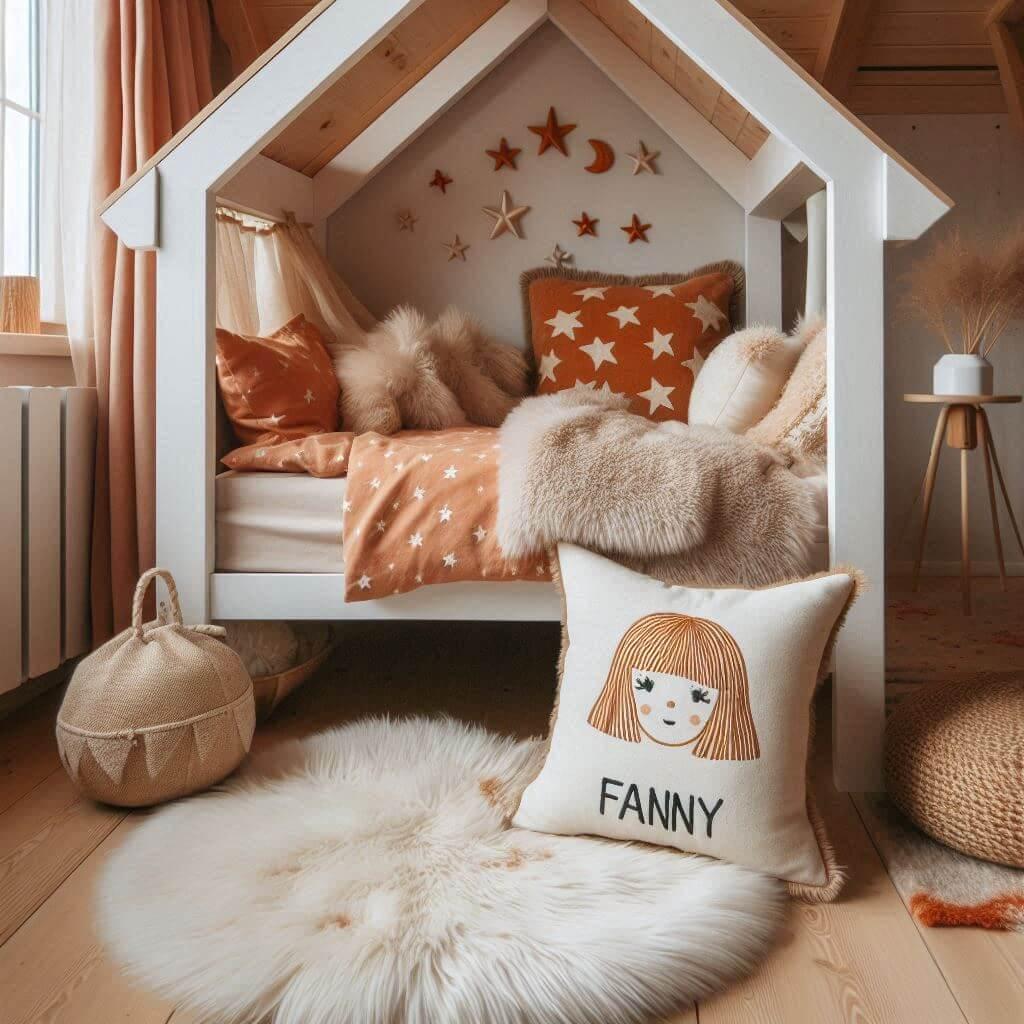 Une chambre de petite fille avec un lit cabane un tapis de fourrure style scandinave des coussins en forme de etoiles et de lune fanny est brodee sur un coussin couleurs orange et