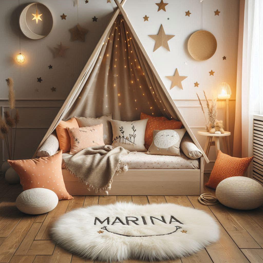 Une chambre de petite fille avec un lit cabane un tapis de fourrure style scandinave des coussins en forme de etoiles et de lune marina est brodee sur un coussin couleurs orange et