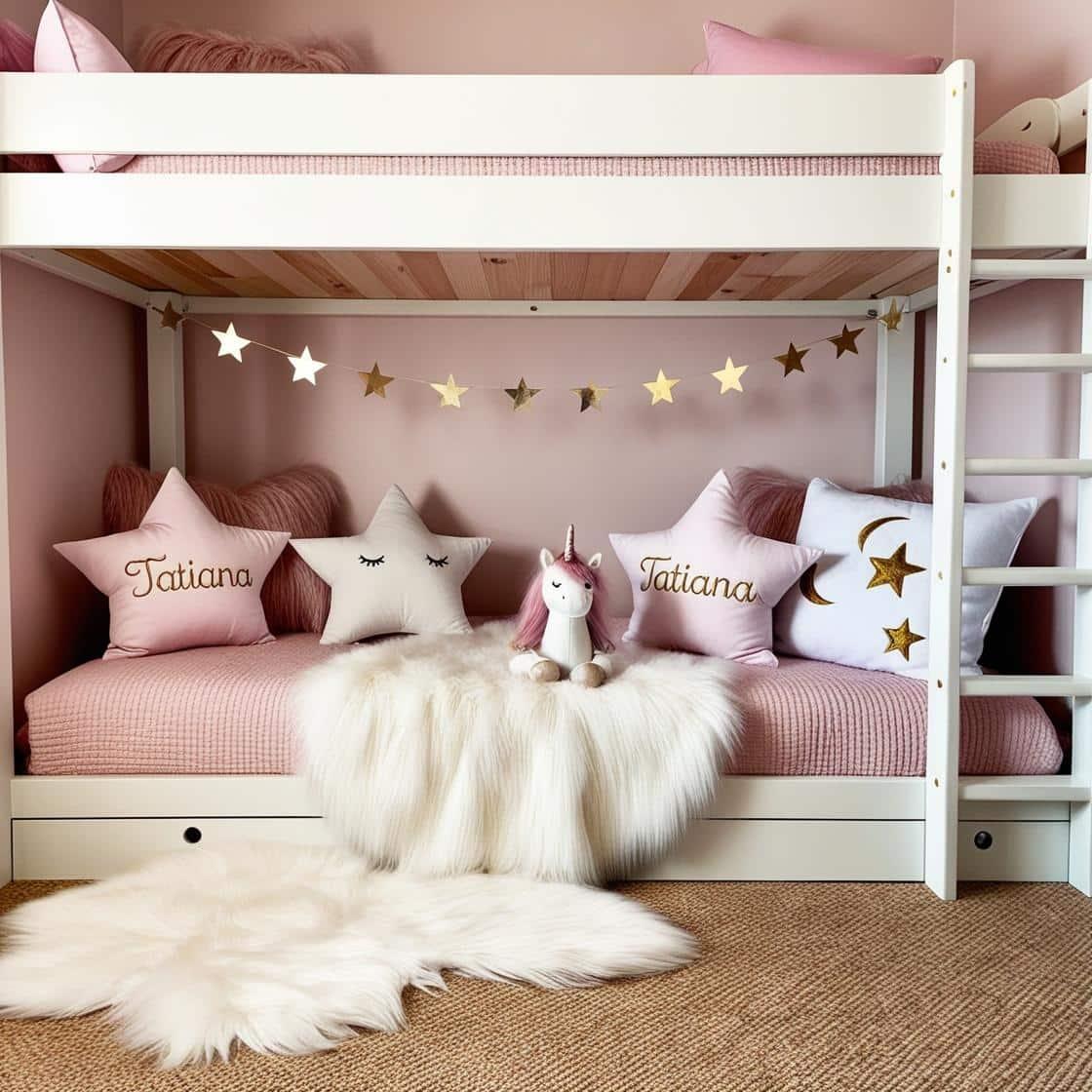 Une chambre de petite fille avec un lit cabane un tapis de fourrure style scandinave princesse coussins en forme d etoiles coussins en forme de lune tatiana est brode sur un coussi