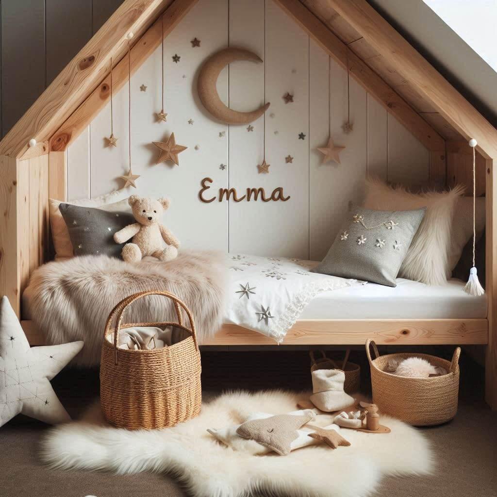 Une chambre de petite fille avec un lit cabane un tapis de fourure style scandinave coussins en forme detoiles coussins en forme de lune emma est brode sur un coussin 1