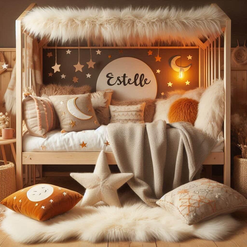 Une chambre de petite fille avec un lit cabane un tapis de fourure style scandinave coussins en forme detoiles coussins en forme de lune estelle est brode sur un coussin couleurs o