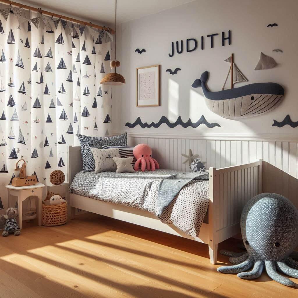 Une chambre de petite fille avec un lit montessori avec des draps motifs marin rideaux motif bateau peluche poulpe peluche baleine prenom judith brode sur le coussin ombre sur le m