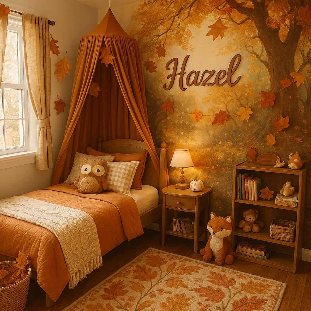 Une chambre de petite fille avec un lit simple et ciel de lit theme de l automne prenom hazel