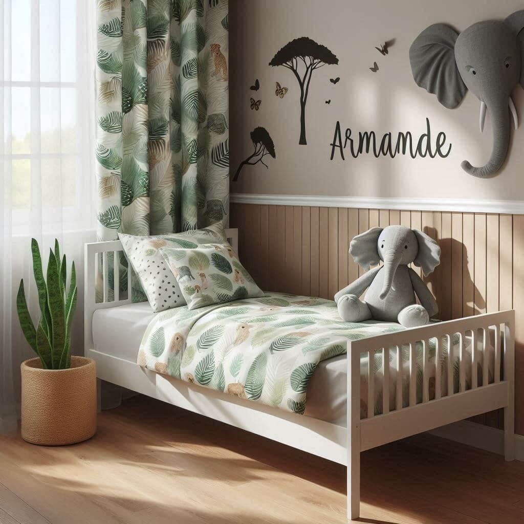 Une chambre de petite fille avec un lit simple theme de la savane des draps motifs feuilles des rideaux motif animaux et le prenom armande