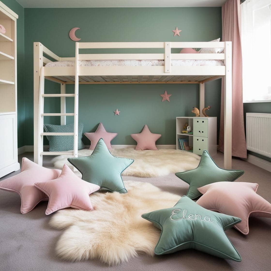 Une chambre de petite fille avec un lit superpose avec une echelle et un coin jeu en dessous et un tapis de fourrure style scandinave coussins en forme d etoiles coussins en forme