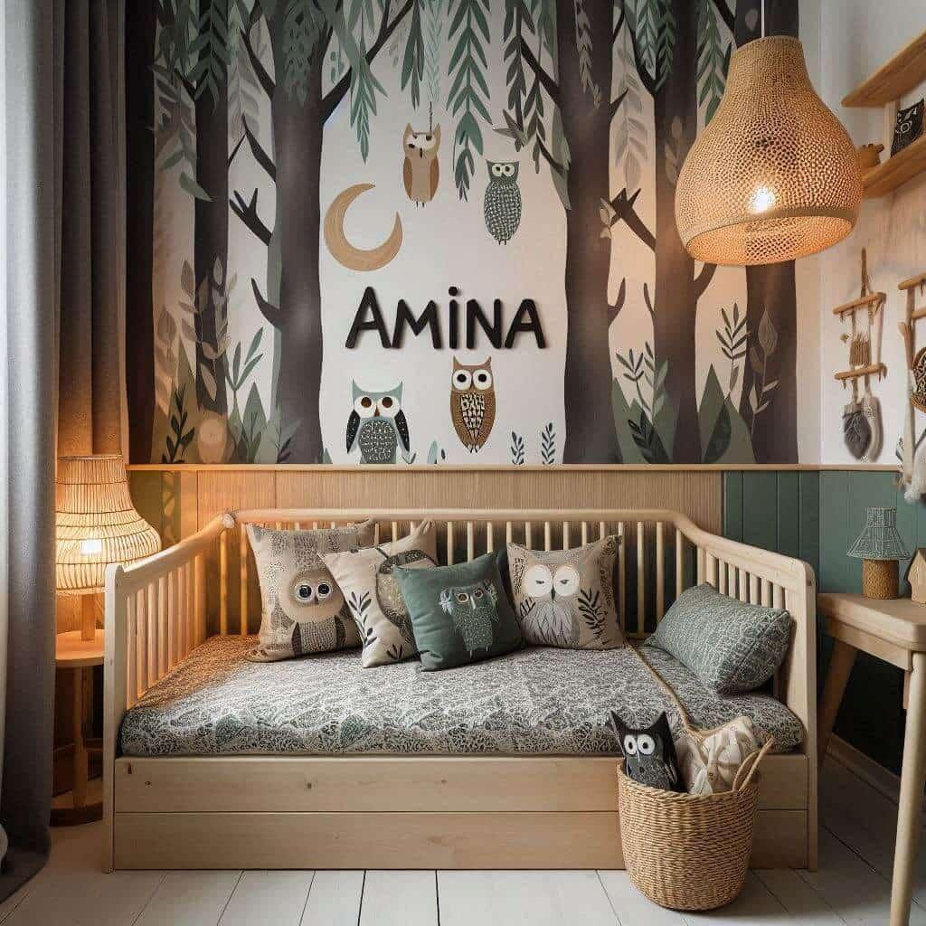 Une chambre de petite fille inspiree de la foret avec le prenom amina ecrit sur un coussin un lit cabane des draps et des rideaux avec des motifs de feuilles de hibou une lampe en