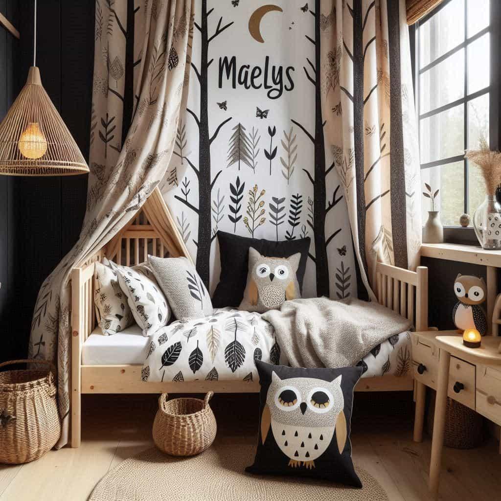 Une chambre de petite fille inspiree de la foret avec le prenom maelys ecrit sur un coussin un lit cabane des draps et des rideaux avec des motifs de feuilles de hibou une lampe en