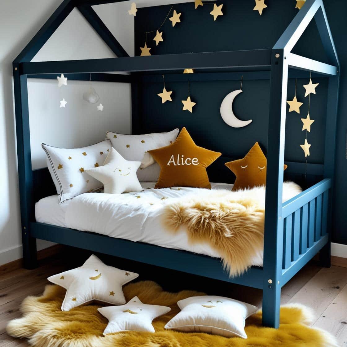 Une chambre de petite fille qui se nomme alice avec un lit cabane un tapis de fourrure style scandinave coussins en forme d etoiles coussins en forme de lune couleurs bleu fonce mo