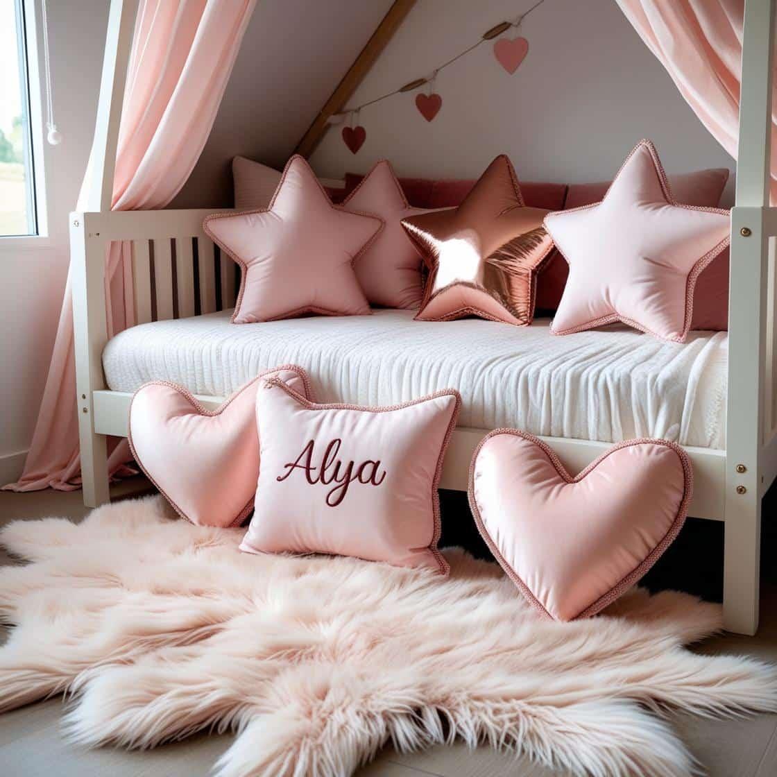 Une chambre de petite fille qui se nomme alya avec un lit cabane un tapis de fourrure style scandinave 3 coussins en forme d etoiles coussins en forme de lune en forme de coeur cou