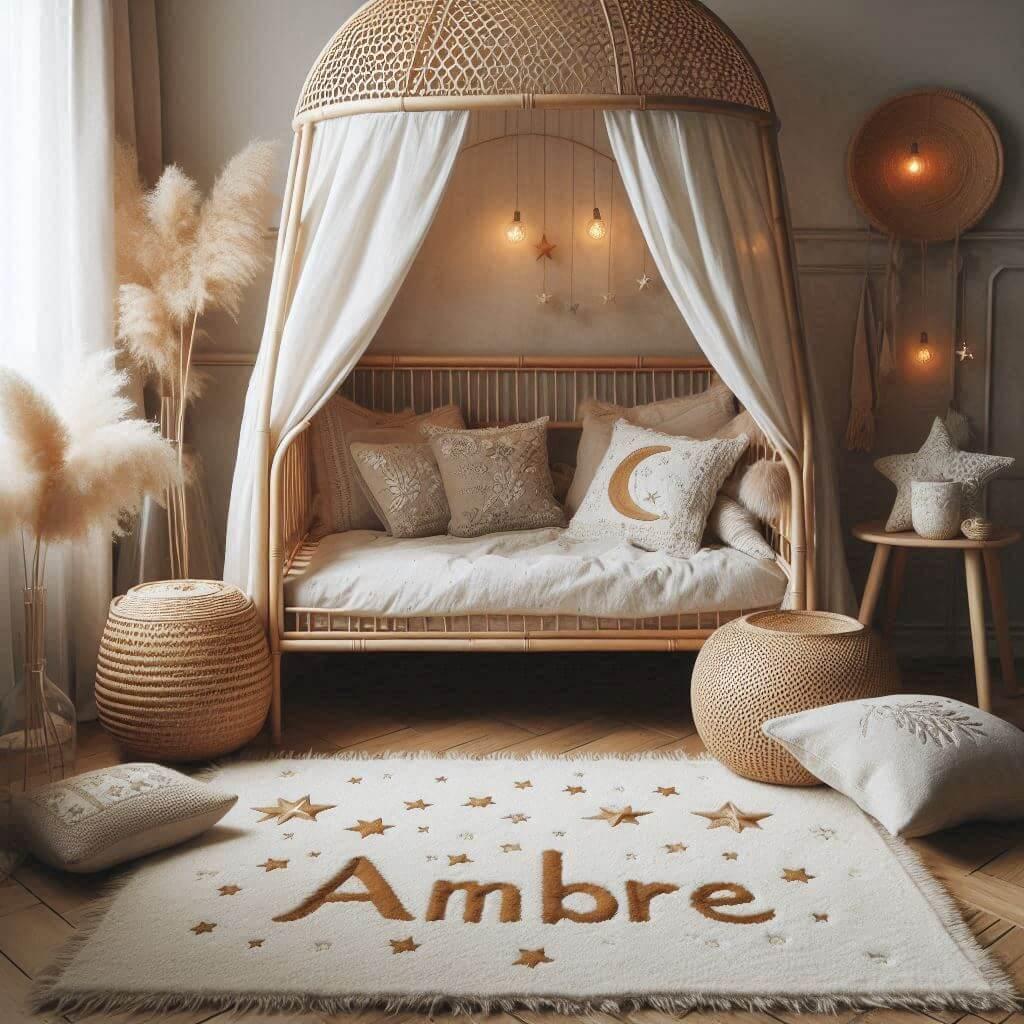 Une chambre de petite fille qui se nomme ambre avec un lit cabane en rotin un tapis en laine moelleuse style boheme chic