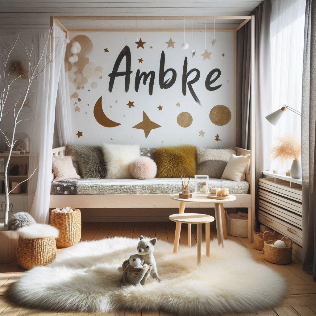 Une chambre de petite fille qui se nomme ambre avec un lit cabane un tapis de fourure style scandinave coussins en forme detoiles coussins en forme de lune