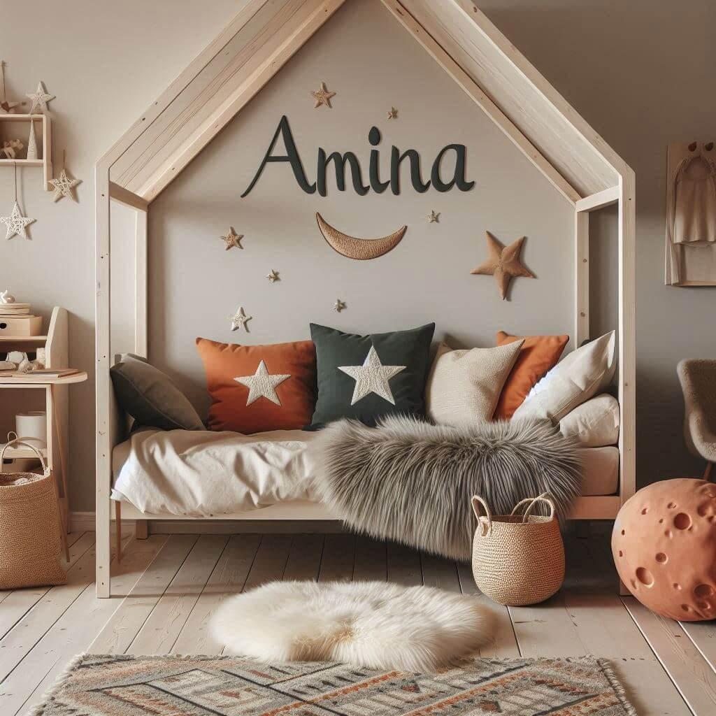 Une chambre de petite fille qui se nomme amina avec un lit cabane un tapis de fourure style scandinave coussins en forme detoiles coussins en forme de lune amina est brode sur un c