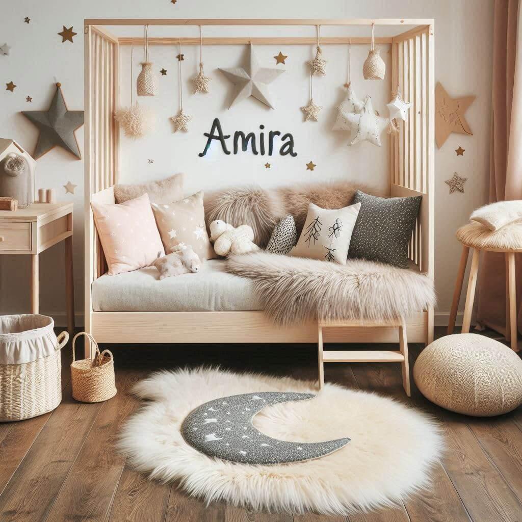 Une chambre de petite fille qui se nomme amira avec un lit cabane un tapis de fourrure style scandinave