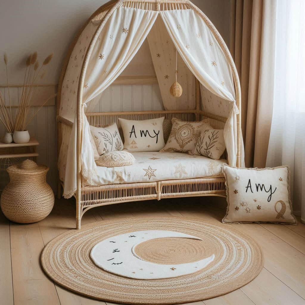Une chambre de petite fille qui se nomme amy avec un lit cabane en rotin un tapis en laine moelleuse style boheme chic une deco douce et naturelle des coussins en lin brode