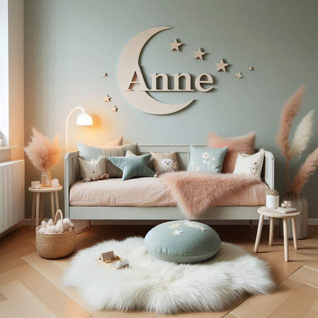 Une chambre de petite fille qui se nomme anne avec un lit simple un tapis de fourrure style scandinave coussins en forme detoiles coussins en forme de lune le prenom anne est ecrit