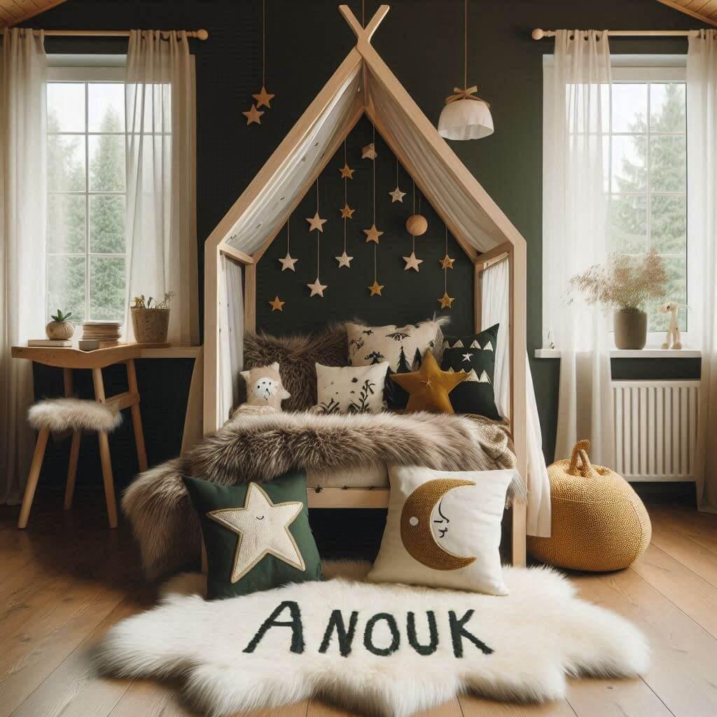 Une chambre de petite fille qui se nomme anouk avec un lit cabane un tapis de fourrure style scandinave coussins en forme d etoiles coussins en forme de lune anouk est brode sur un