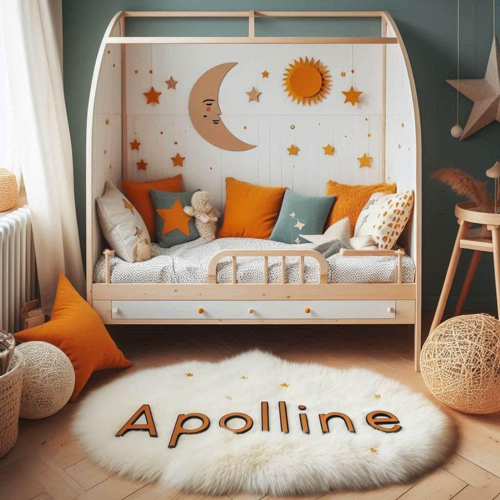 Une chambre de petite fille qui se nomme apolline avec un lit cabane montessori un tapis de fourrure style scandinave coussins en forme d etoiles coussins en forme de lune le preno