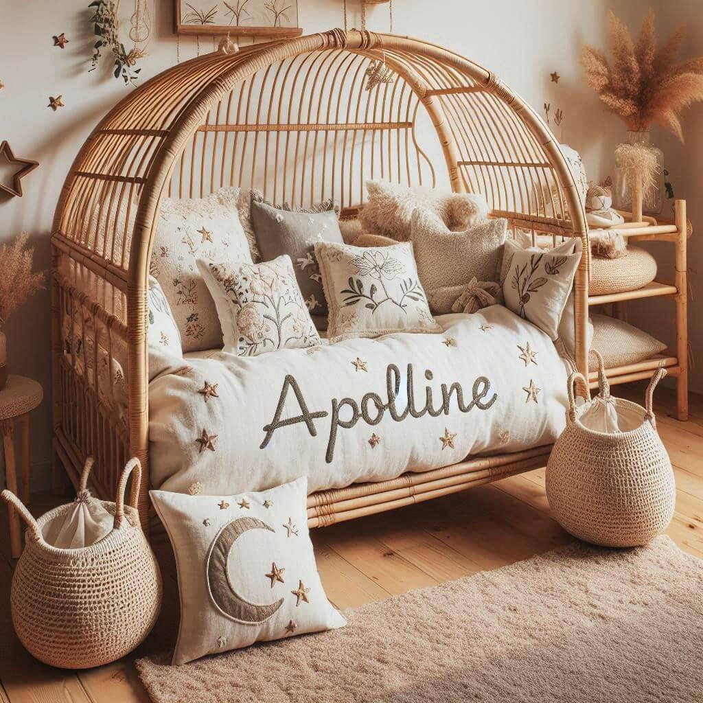 Une chambre de petite fille qui se nomme apolline ecrit en francais avec un lit cabane en rotin un tapis en laine moelleuse style boheme chic une deco douce et naturelle des coussi