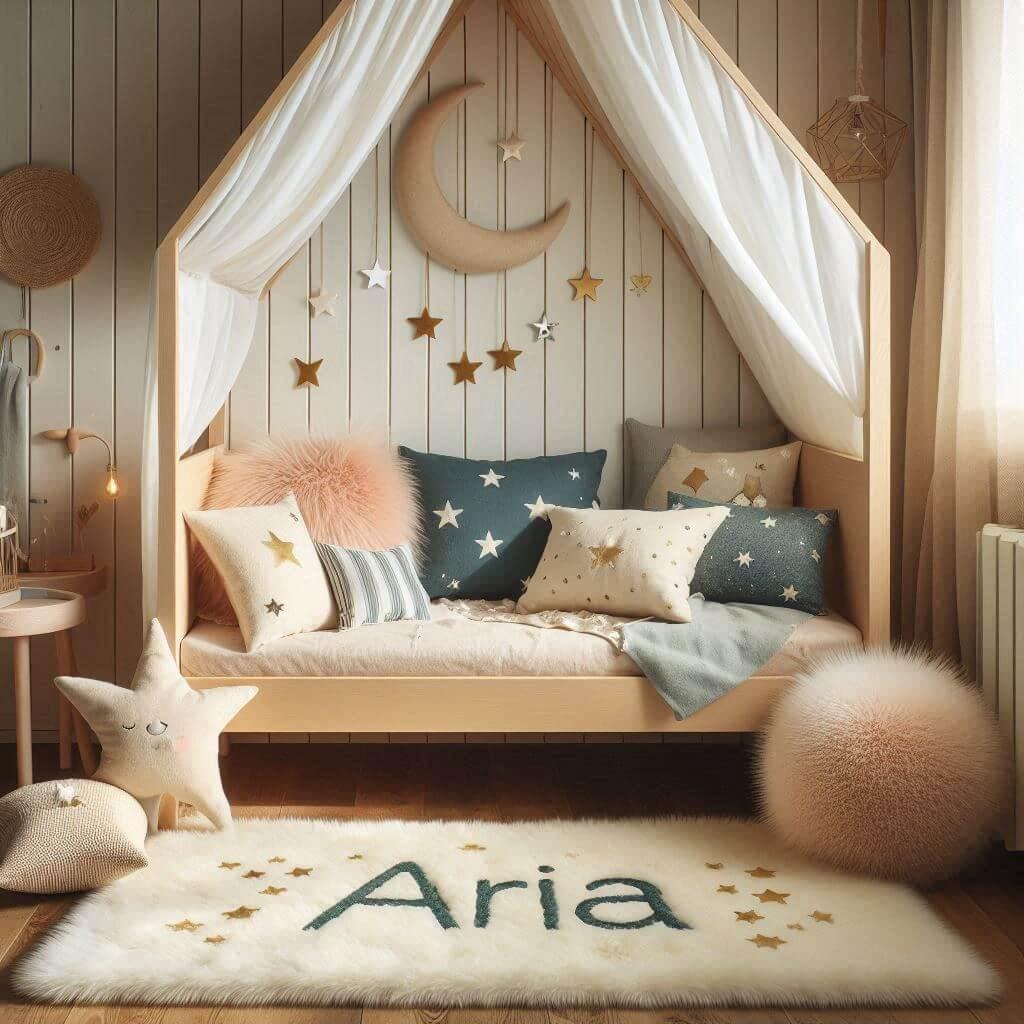 Une chambre de petite fille qui se nomme aria avec un lit cabane un tapis de fourure style scandinave coussins en forme detoiles coussins en forme de lune aria est brode sur un cou