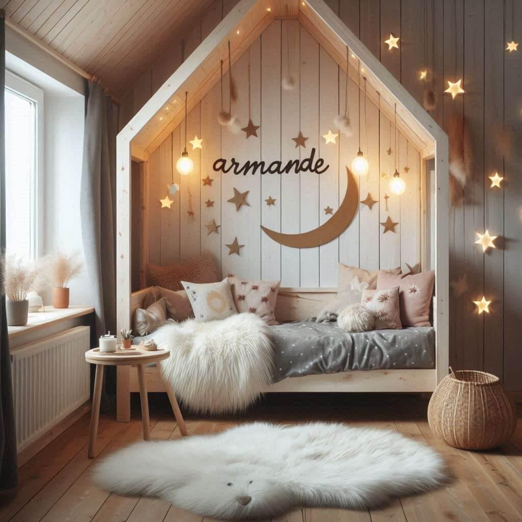 Une chambre deco scandinave de petite fille qui se nomme armande avec un lit cabane