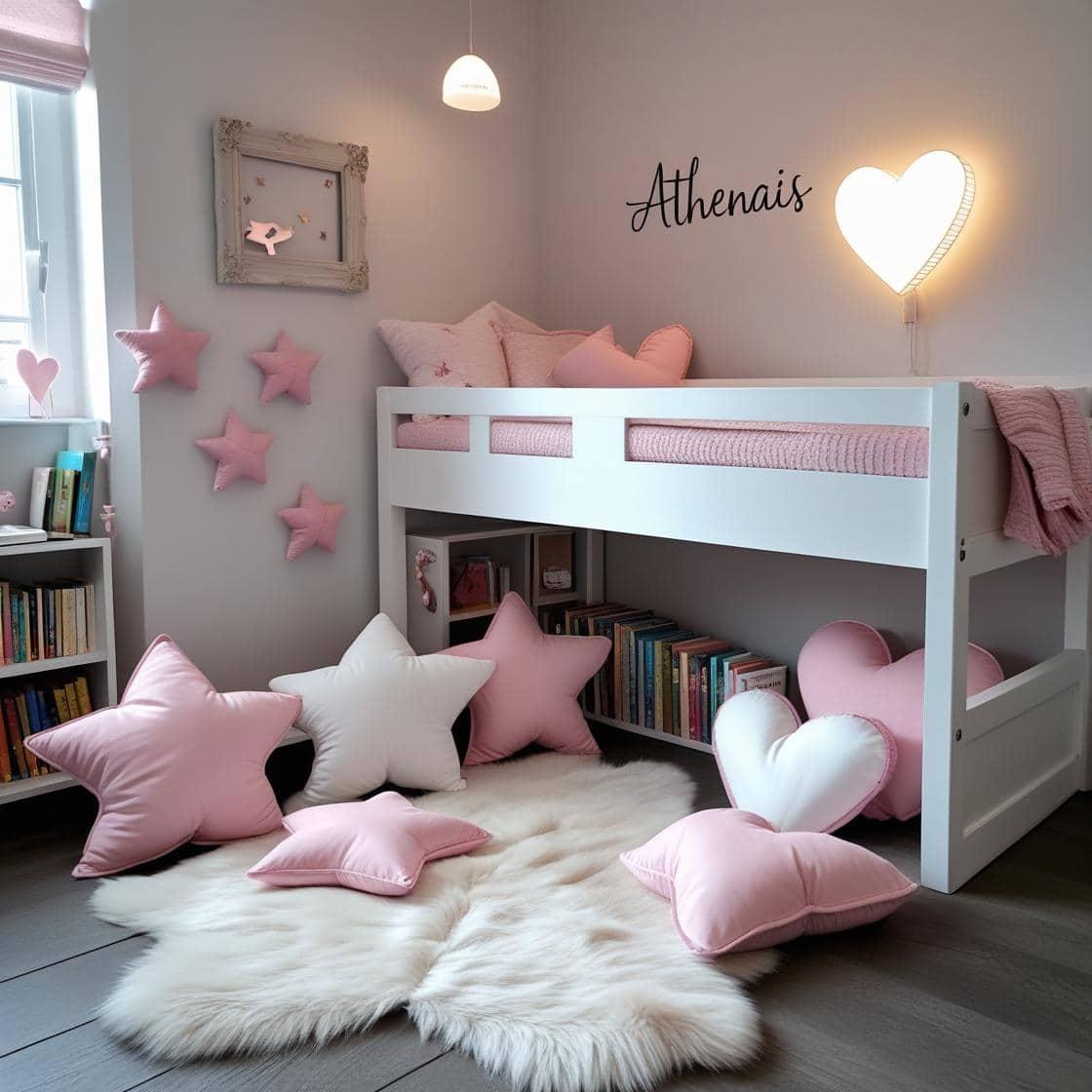 Une chambre de petite fille qui se nomme athenais avec un lit cabane blanc un tapis de fourrure style scandinave 3 coussins en forme d etoiles coussins en forme de lune en forme de