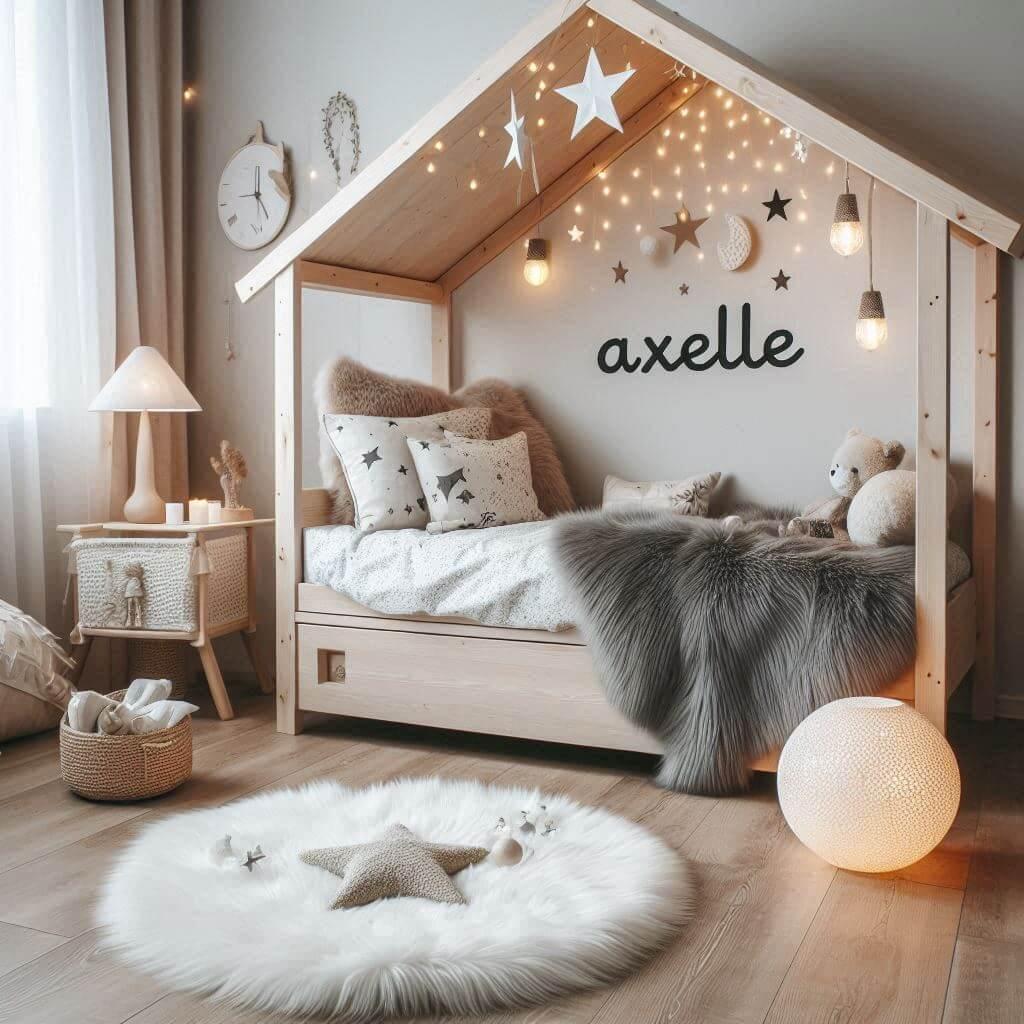 Une chambre de petite fille qui se nomme axelle avec un lit cabane un tapis de fourrure style scandinave des coussins en forme detoiles des coussins en forme delune le prenom axell