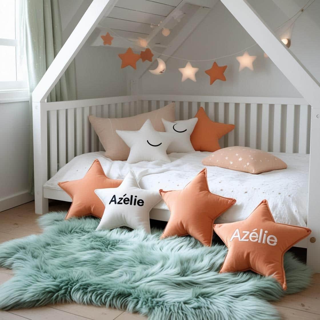 Une chambre de petite fille qui se nomme azelie avec un lit cabane un tapis de fourrure style scandinave coussins en forme d etoiles coussins en forme de lune couleurs vert d eau o