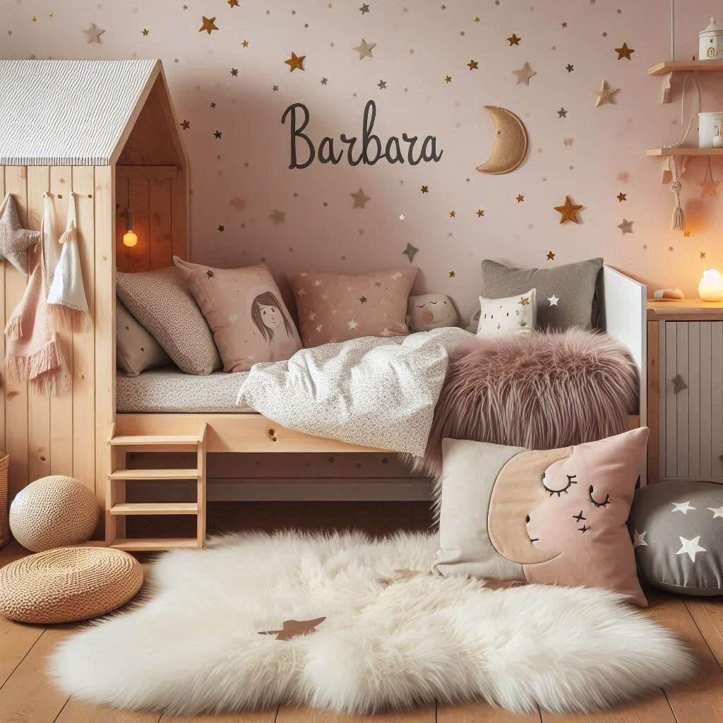 Une chambre de petite fille qui se nomme barbara avec un lit cabane un tapis en fourrure style scandinave des coussins en forme de etoiles et de lune et barbara brode sur un coussi