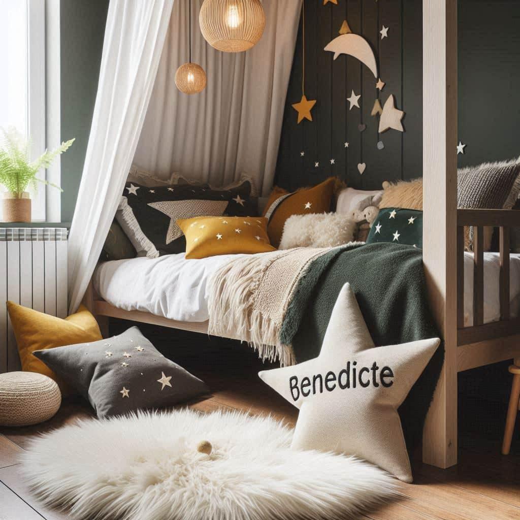 Une chambre de petite fille qui se nomme benedicte avec un lit cabane un tapis de fourrure style scandinave coussins en forme d etoiles coussins en forme de lune benedicte est brod