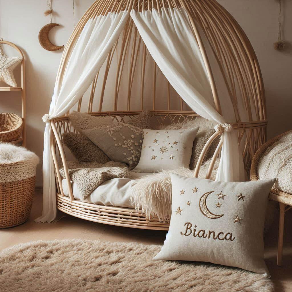 Une chambre de petite fille qui se nomme bianca avec un lit cabane en rotin un tapis en laine moelleuse style boheme chic une deco douce et naturelle des coussins en lin brode en f