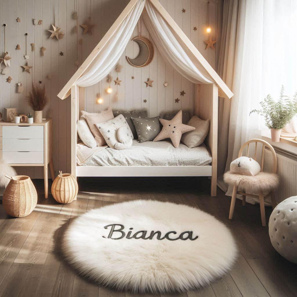 Une chambre de petite fille qui se nomme bianca avec un lit cabane un tapis de fourrure style scandinave