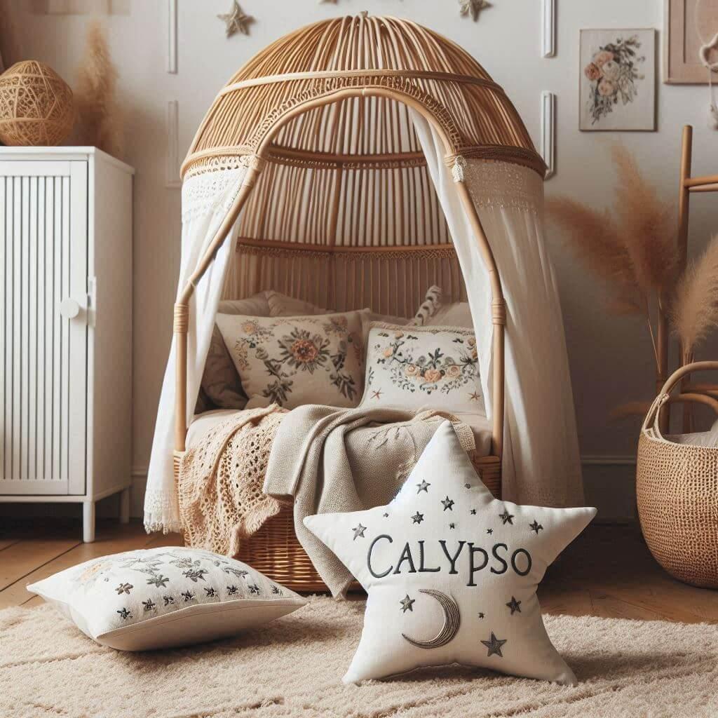 Une chambre de petite fille qui se nomme calypso avec un lit cabane en rotin un tapis en laine moelleuse style boheme chic une deco douce et naturelle, prenom calypso