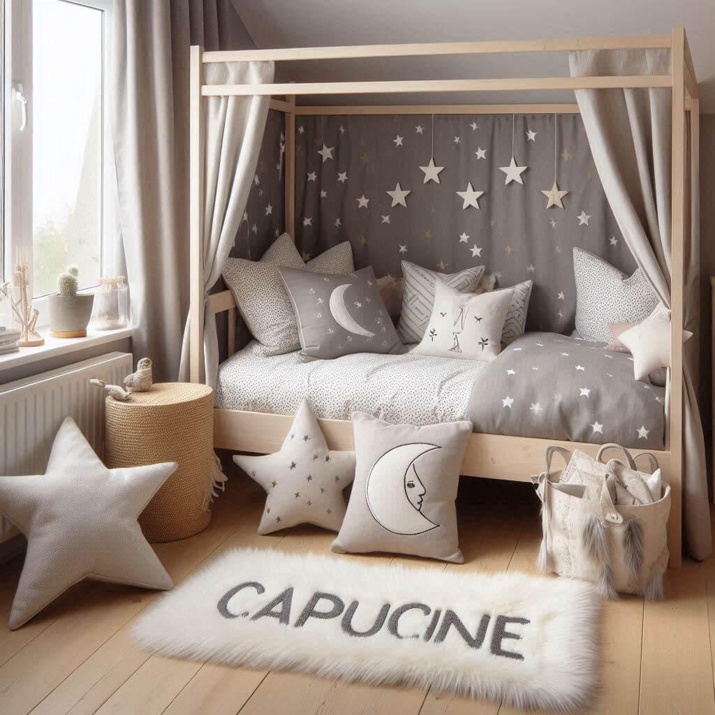 Une chambre de petite fille qui se nomme capucine avec un lit cabane un tapis de fourrure style scandinave coussins en forme d etoiles coussins en forme de lune capucine est brode