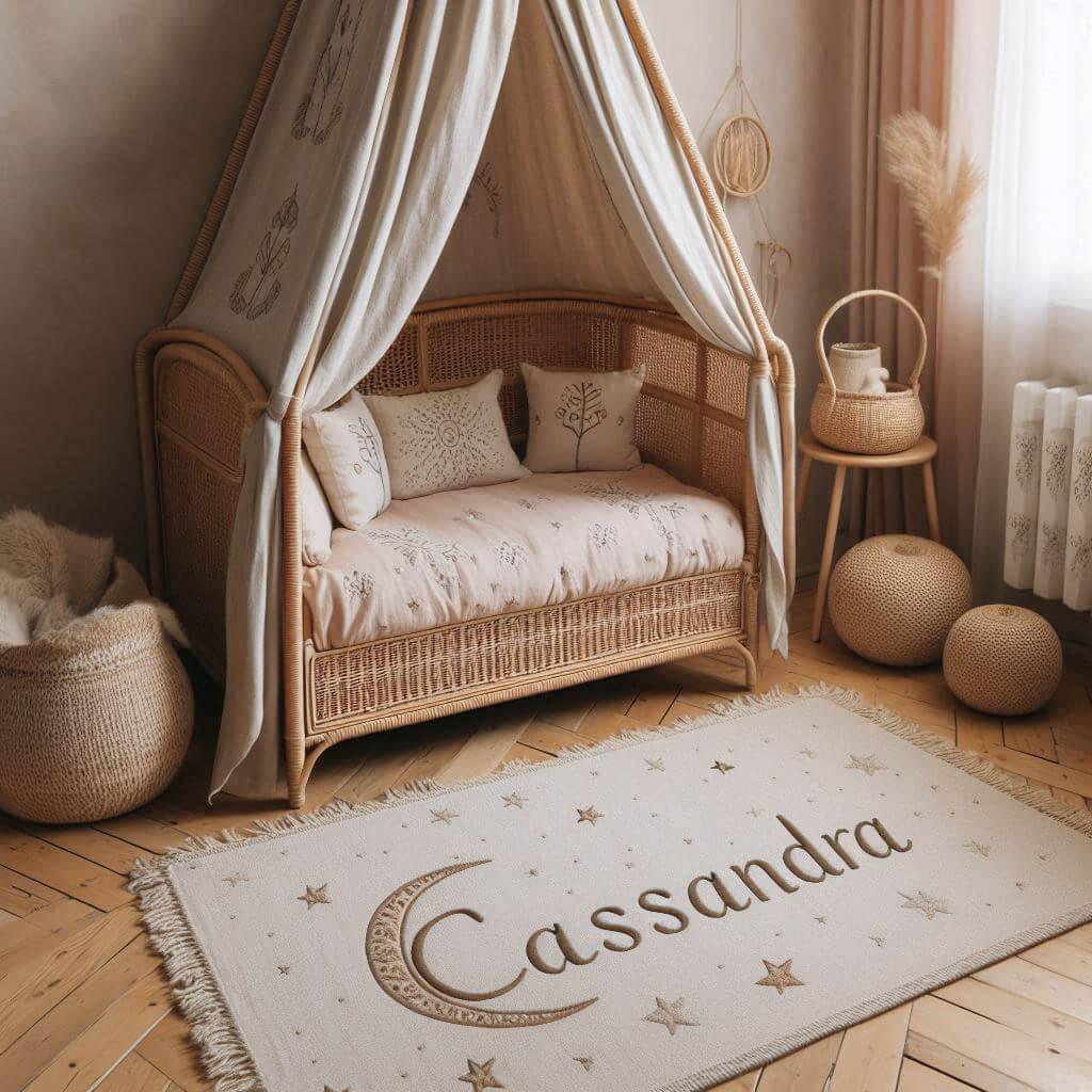 Une chambre de petite fille qui se nomme cassandra avec un lit cabane en rotin un tapis en laine moelleuse style boheme chic une deco douce et naturelle des coussins en lin brode e