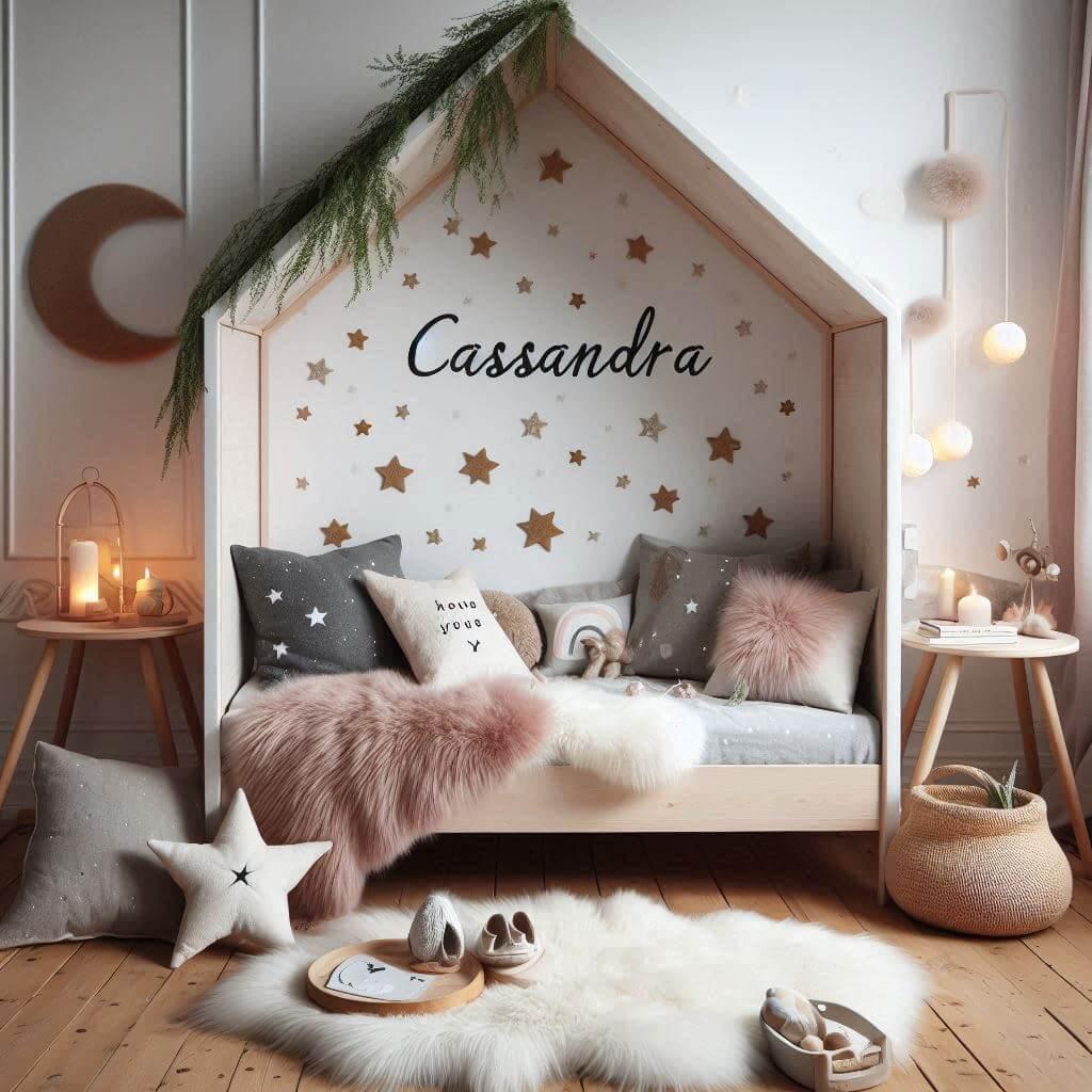 Une chambre de petite fille qui se nomme cassandra avec un lit cabane un tapis de fourure style scandinave coussins en forme detoiles coussins en forme de lune cassandra est brode