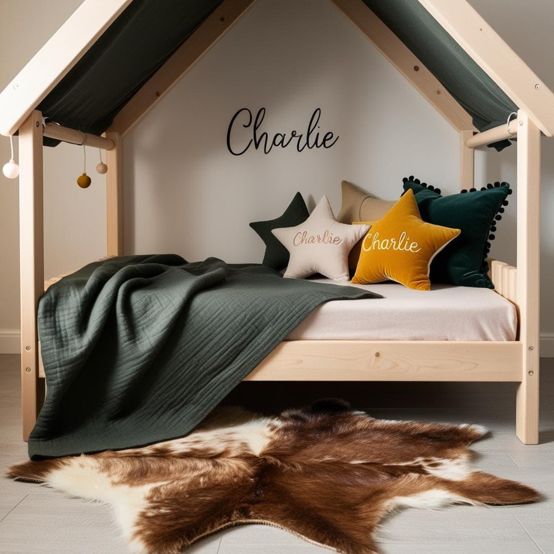 Une chambre de petite fille qui se nomme charlie avec un lit cabane un tapis de fourrure style scandinave coussins en forme d etoiles coussins en forme de lune charlie est brode su