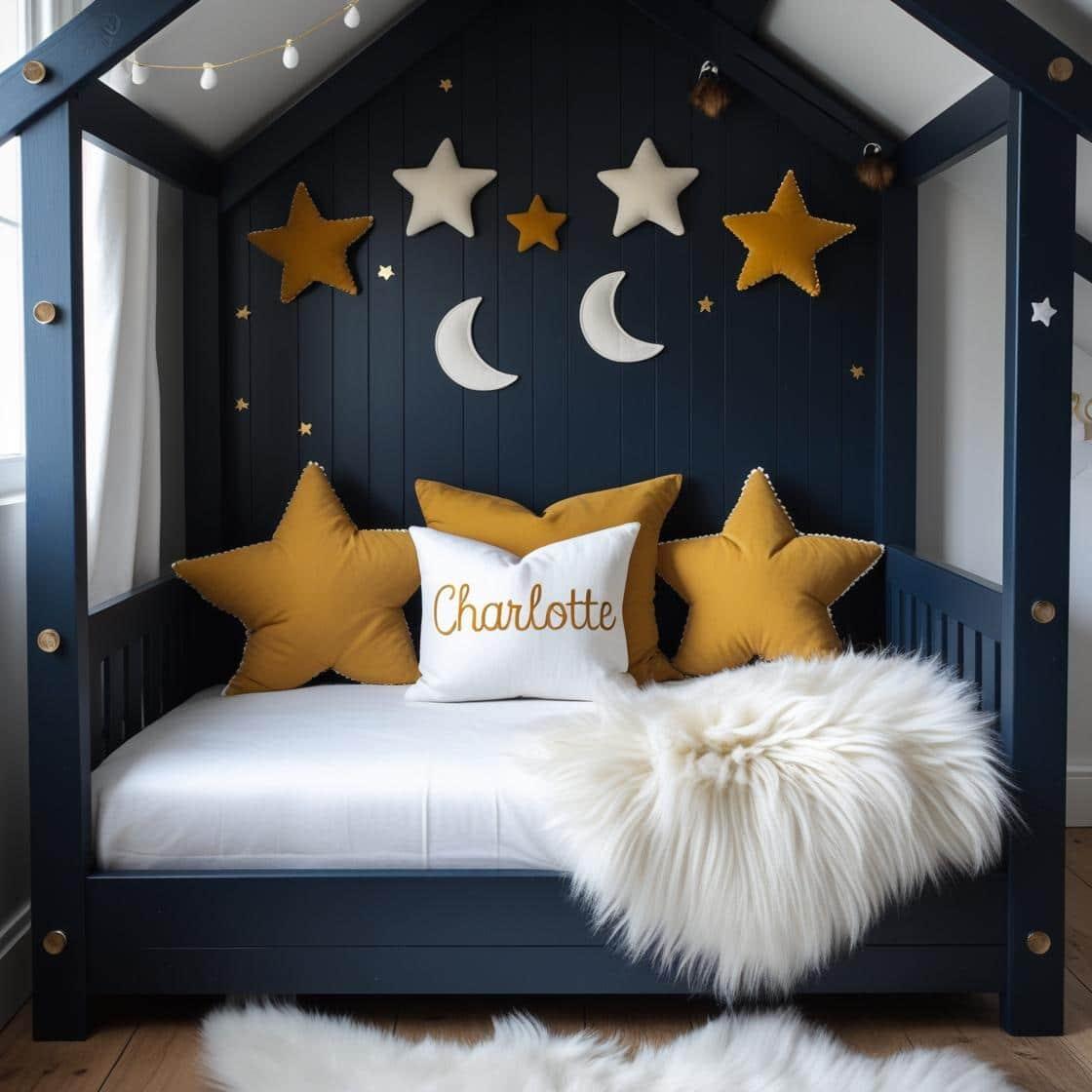 Une chambre de petite fille qui se nomme charlotte avec un lit cabane un tapis de fourrure style scandinave coussins en forme d etoiles coussins en forme de lune couleurs bleu fonc