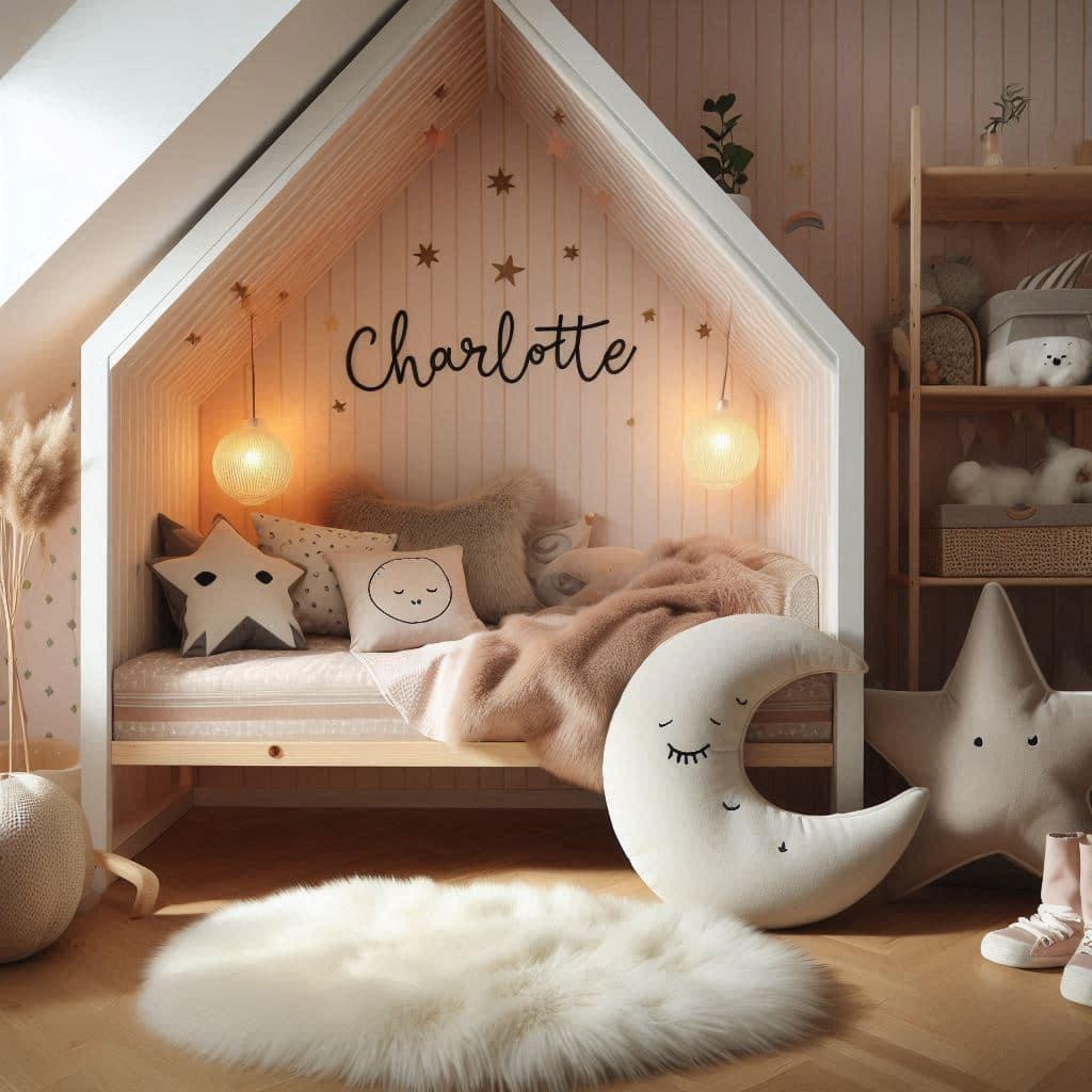 Une chambre de petite fille qui se nomme charlotte avec un lit cabane un tapis de fourure style scandinave coussins en forme detoiles coussins en forme de lune charlotte est brode