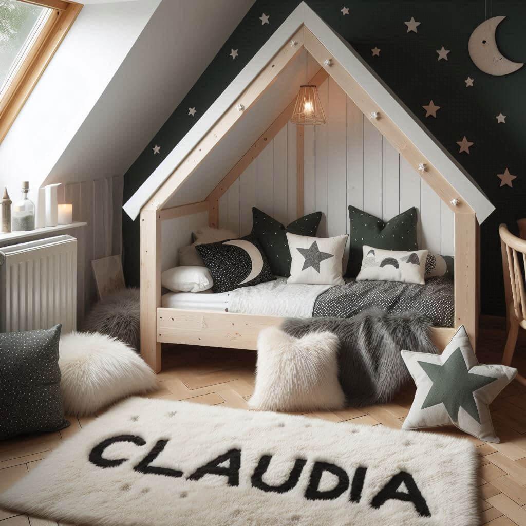 Une chambre de petite fille qui se nomme claudia avec un lit cabane un tapis de fourrure style scandinave coussins en forme d etoiles coussins en forme de lune claudia est brode su