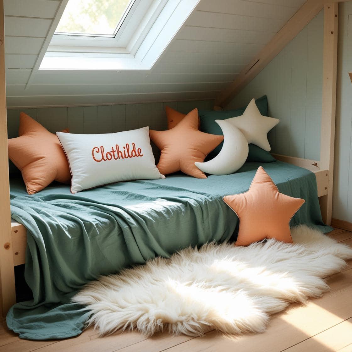Une chambre de petite fille qui se nomme clothilde avec un lit cabane un tapis de fourrure style scandinave coussins en forme d etoiles coussins en forme de lune couleurs vert d ea