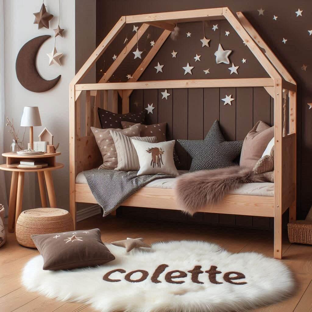 Chambre de petite fille prénommée Colette avec lit cabane, tapis en fausse fourrure, coussins lune et étoiles, déco scandinave aux tons marron foncé