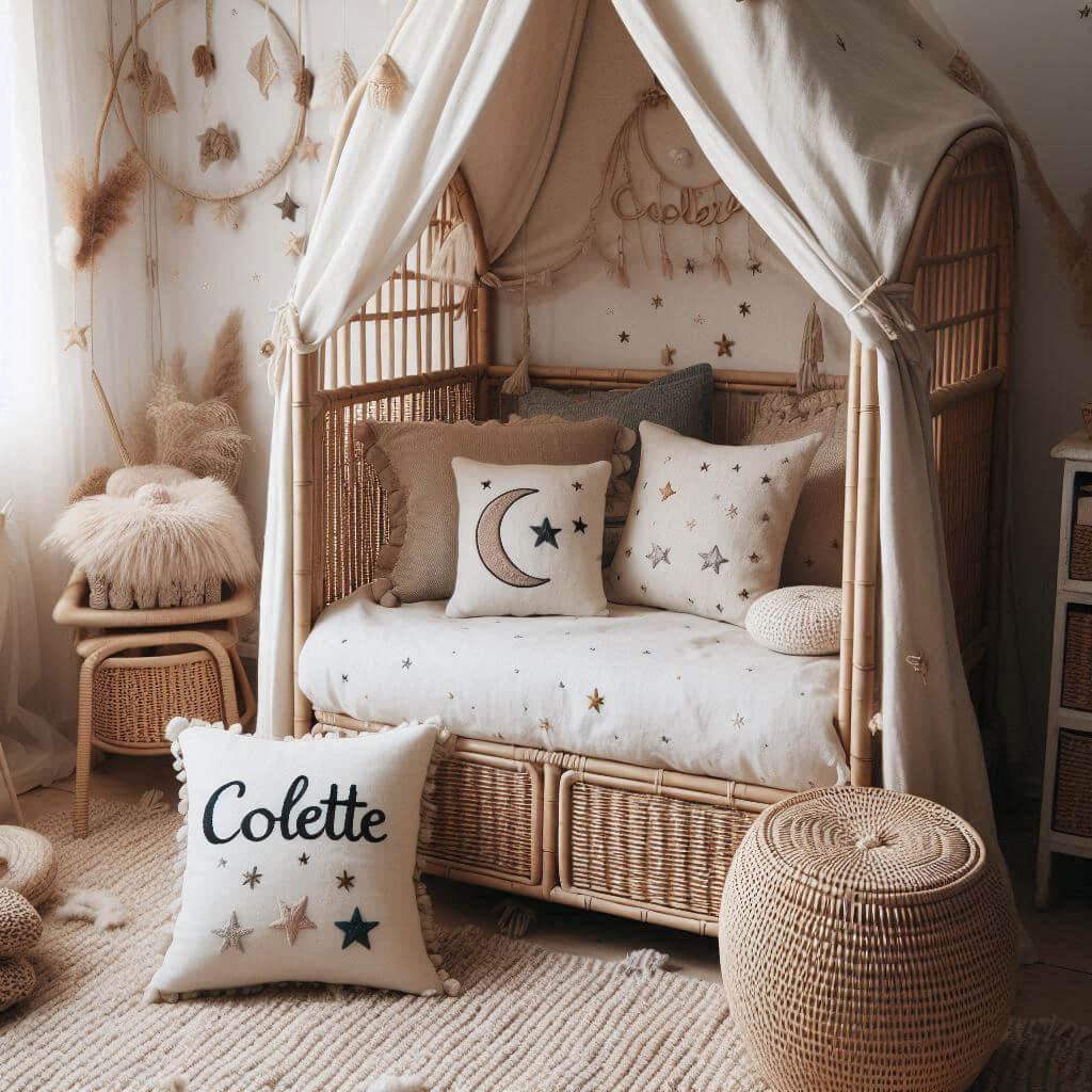 Chambre de petite fille prénommée Colette avec lit cabane en rotin, déco bohème chic, tapis en laine moelleuse et ambiance douce et naturelle