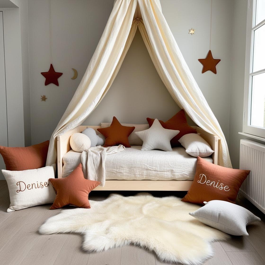 Une chambre de petite fille qui se nomme denise avec un lit cabane un tapis de fourrure style scandinave coussins en forme d etoiles coussins en forme de lune denise est brode sur